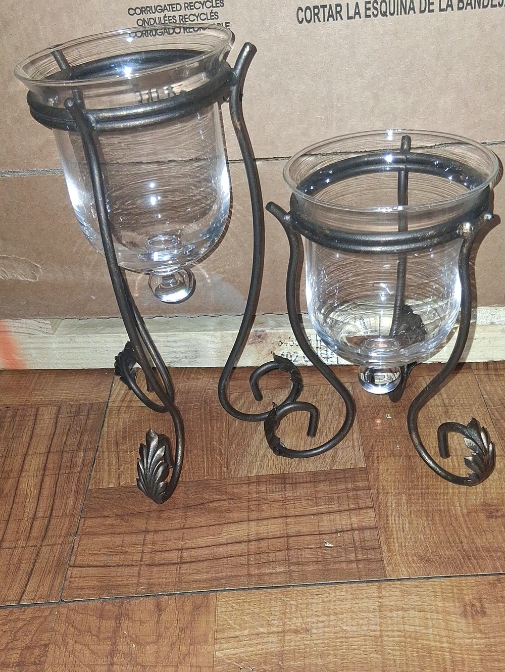 Glass Candle Holders with Metal Scroll Stands - Brown Finish